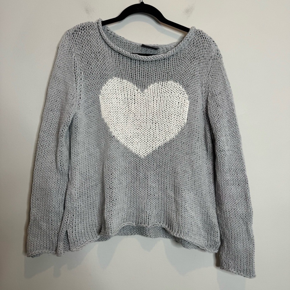 Wooden Ships Audrey Grey Heart Sweater Oversized Knit Boxy S/M Boho Graphic